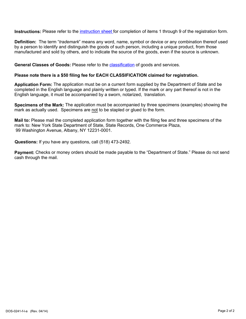 Form DOS-0241-F-L-A Original Application to Register a Trademark - New York, Page 2