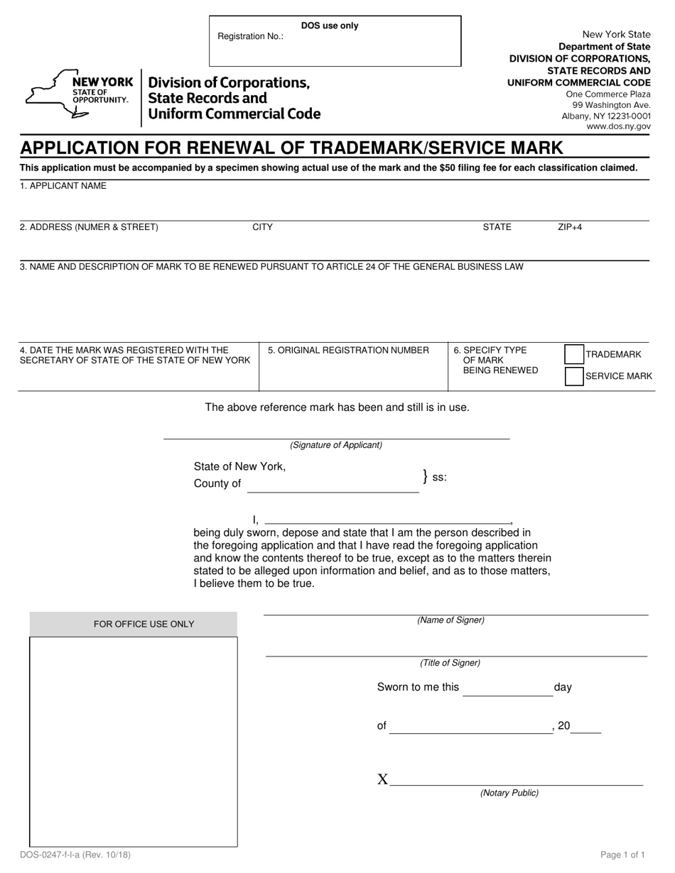 Form DOS-0247-F-L-A Application for Renewal of Trademark/Service Mark - New York, Page 1