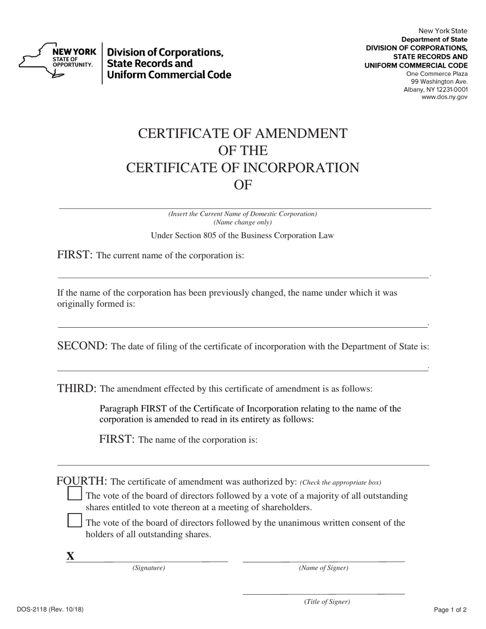 Form DOS-2118 Amendment to the Certificate of Incorporation (Name Change Only) - New York, Page 1