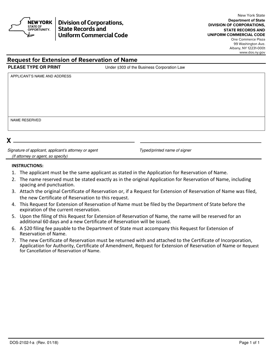 Form DOS-2102-F-A Request for Extension of Reservation of Name - New York, Page 1