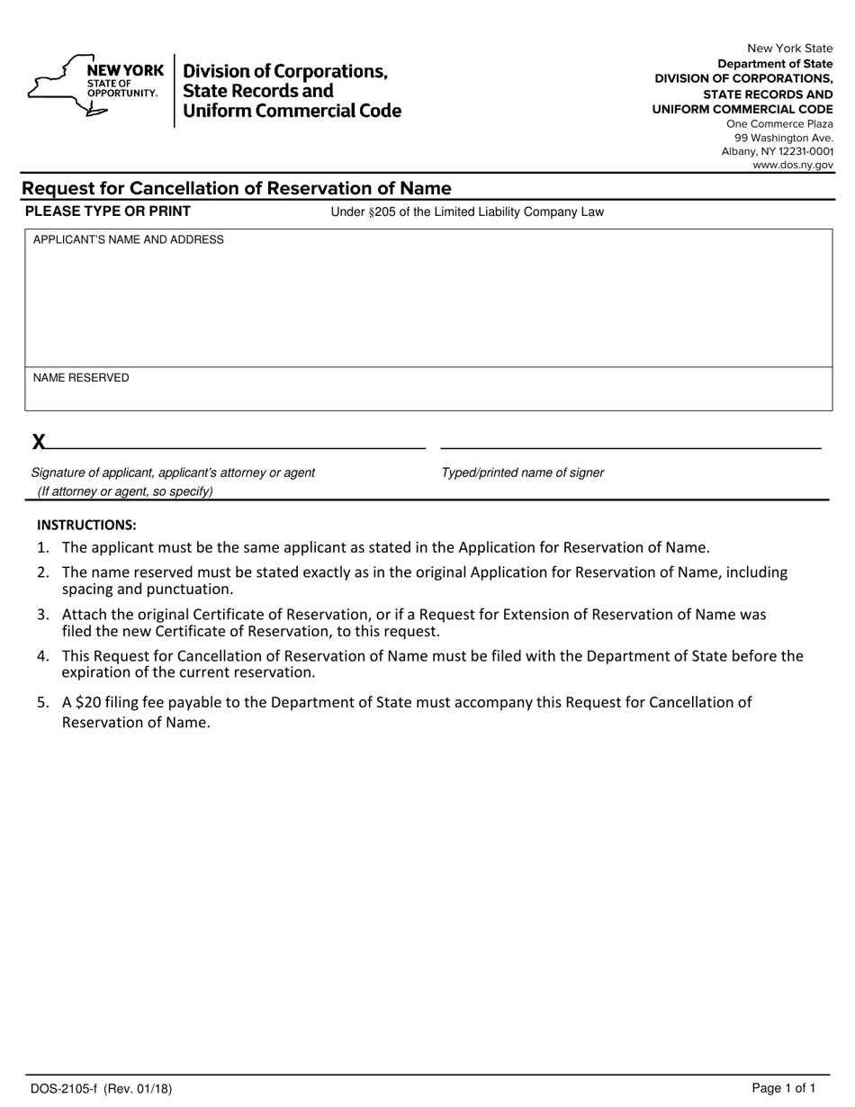 Form DOS-2105-F Request for Cancellation of Reservation of Name - New York, Page 1