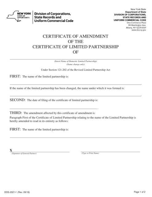 Form DOS-2021-F Certificate of Amendment of the Certificate of Limited Partnership - New York