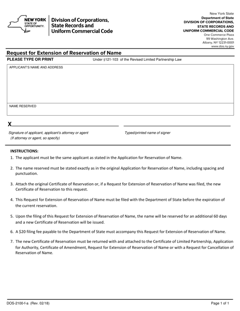 Form DOS-2100-F-A Request for Extension of Reservation of Name - New York