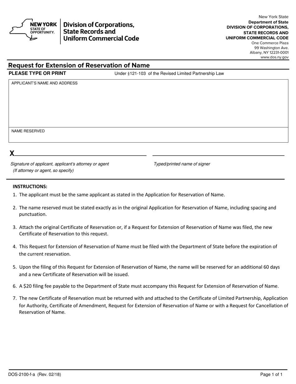 Form DOS-2100-F-A Request for Extension of Reservation of Name - New York, Page 1