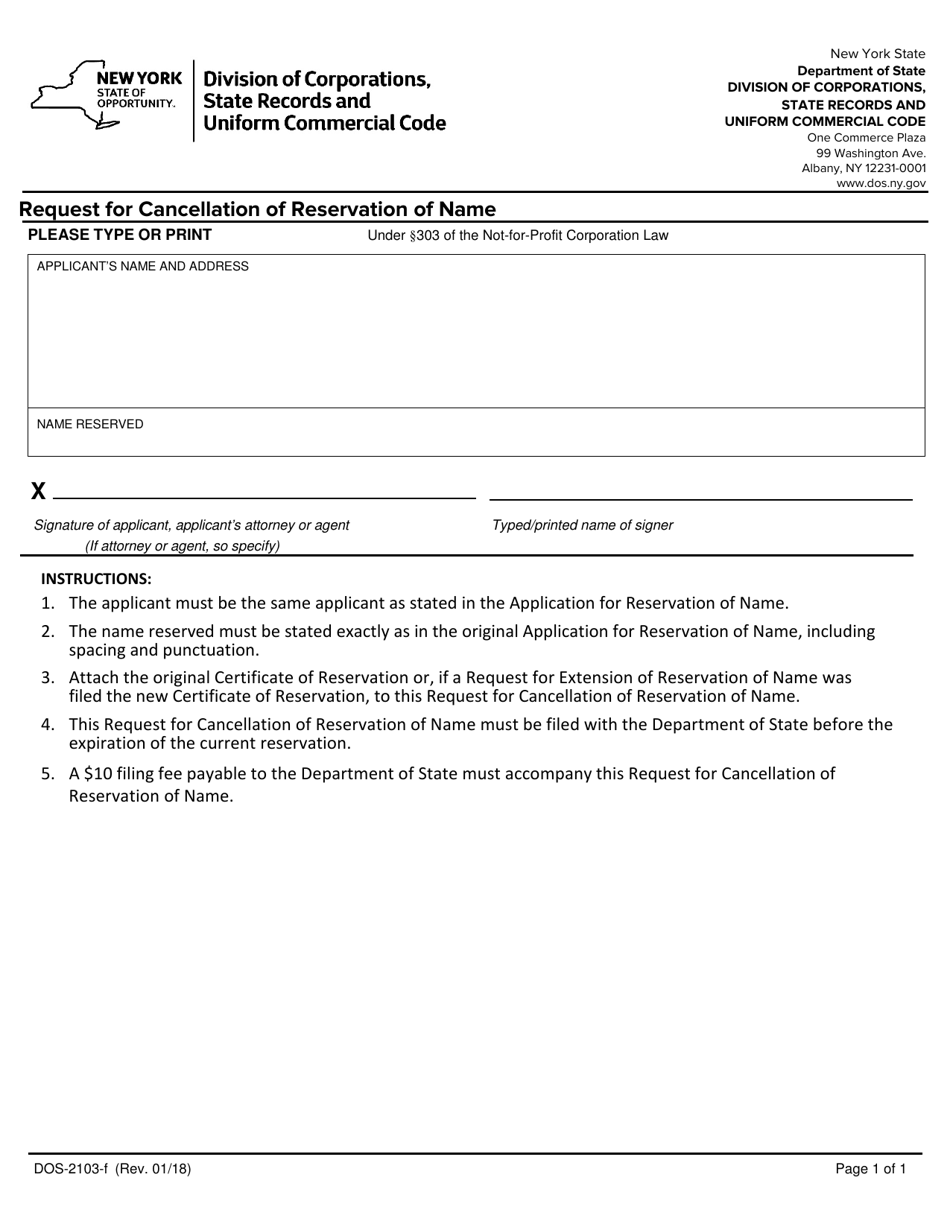 Form DOS-2103-F Request for Cancellation of Reservation of Name - New York, Page 1