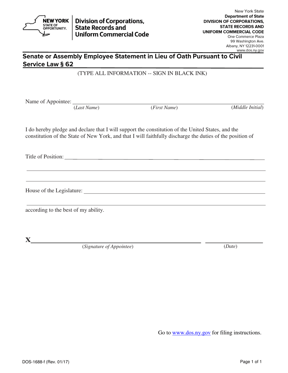 Form DOS-1688-F Senate or Assembly Employee Statement in Lieu of Oath Pursuant to Civil Service Law 62 - New York, Page 1