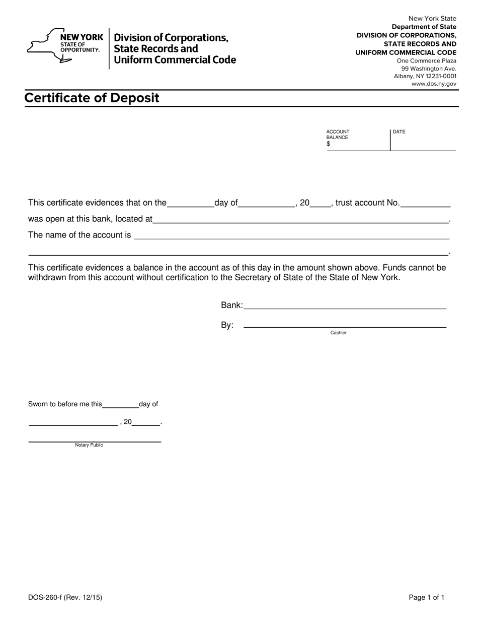 Form DOS-260-F Certificate of Deposit - New York, Page 1