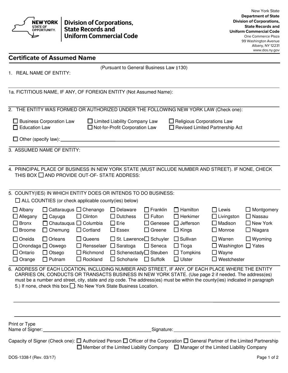 Form DOS-1338-F Certificate of Assumed Name - New York, Page 1