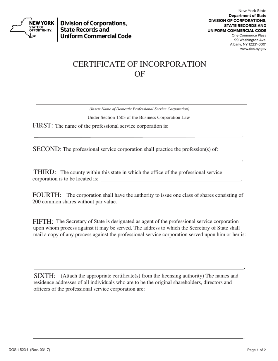 Form DOS-1523-F Professional Service Certificate of Incorporation - New York, Page 1