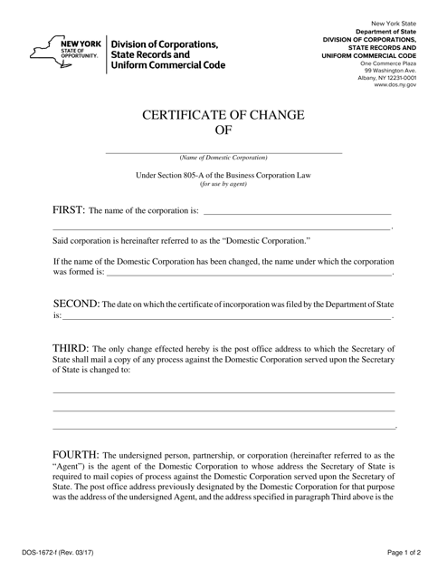 Form DOS-1672-F Certificate of Change - New York