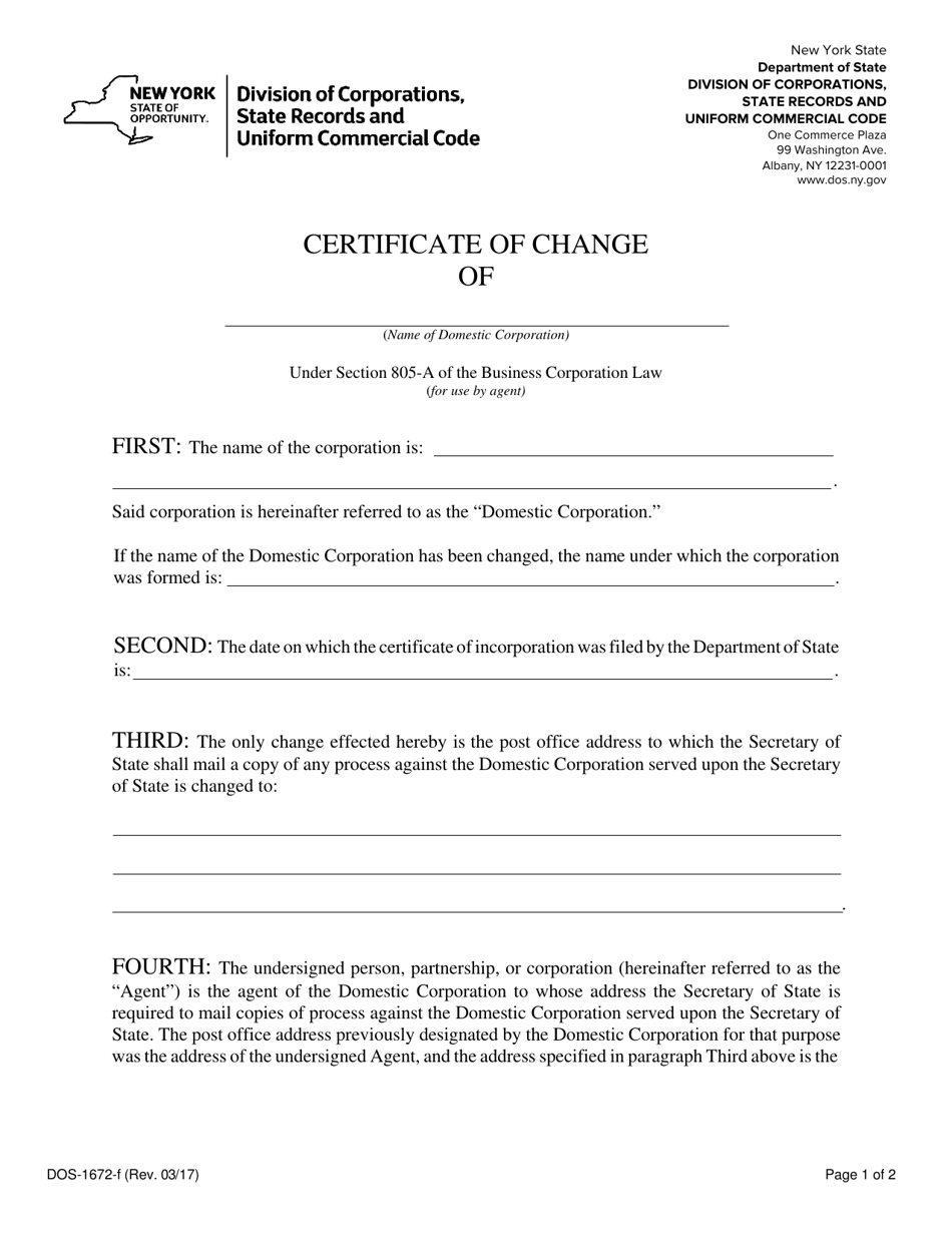 Form DOS-1672-F Certificate of Change - New York, Page 1