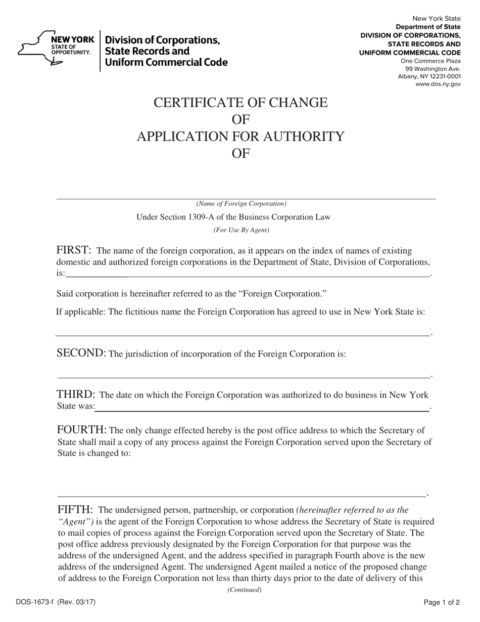 Form DOS-1673-F Certificate of Change of Application for Authority - New York, Page 1