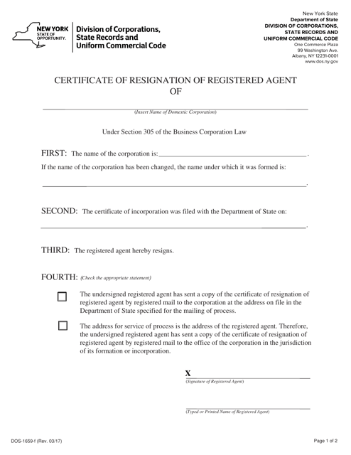 Form DOS-1659-F Certificate of Resignation of Registered Agent - New York