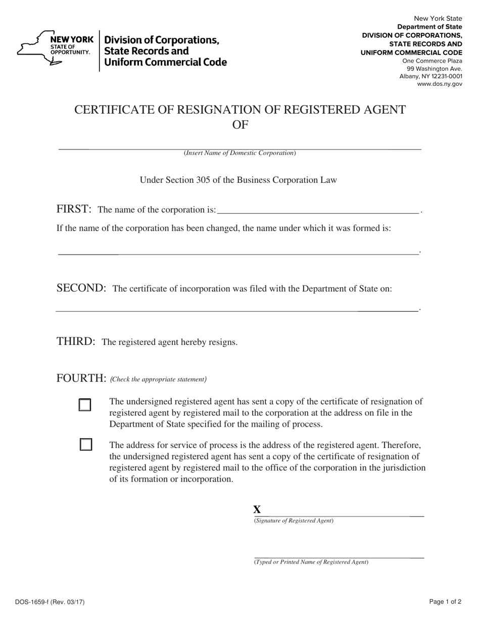 Form DOS-1659-F Certificate of Resignation of Registered Agent - New York, Page 1