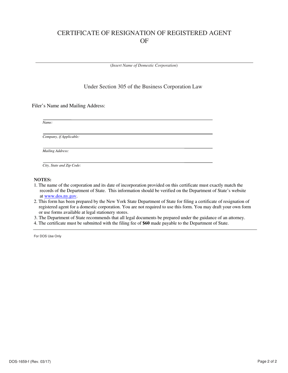 Form DOS-1659-F Certificate of Resignation of Registered Agent - New York, Page 2