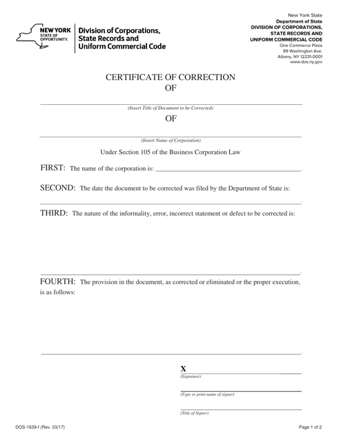 Form DOS-1639-F Certificate of Correction - New York