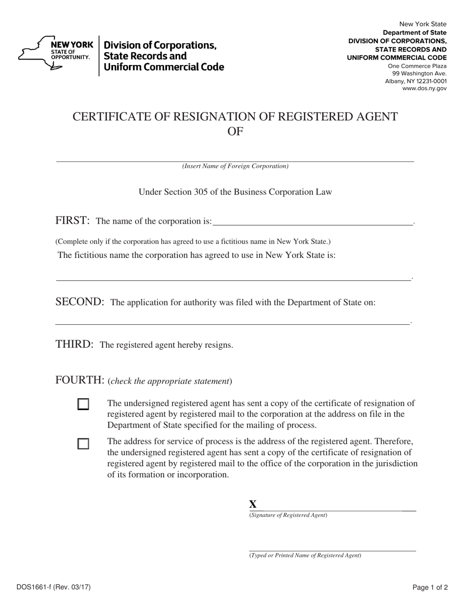 Form DOS1661-F Certificate of Resignation of Registered Agent - New York, Page 1