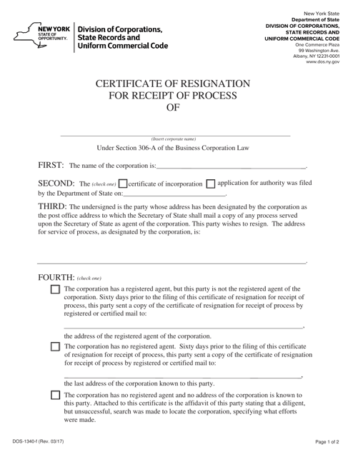 Form DOS-1340-F Certificate of Resignation for Receipt of Process - New York