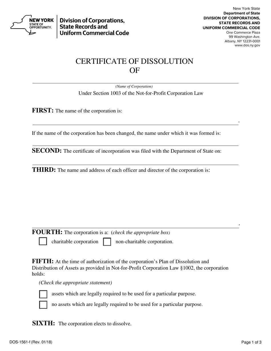 Form DOS-1561-F Certificate of Dissolution - New York, Page 1