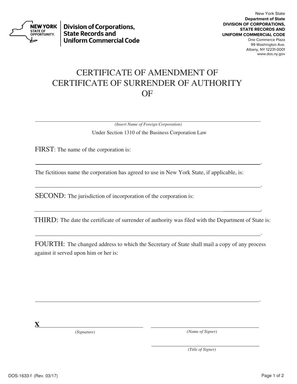 Form DOS-1633-F Certificate of Amendment of Certificate of Surrender of Authority - New York, Page 1