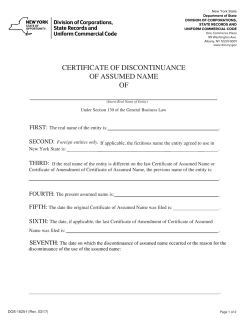 Form DOS-1625-F Certificate of Discontinuance of Assumed Name - New York