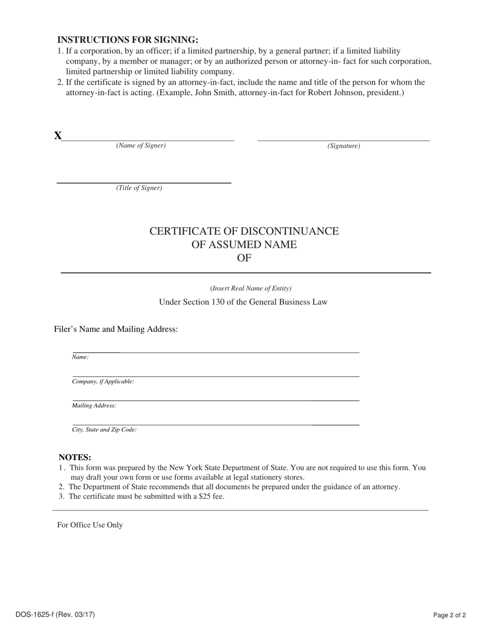 Form DOS-1625-F Certificate of Discontinuance of Assumed Name - New York, Page 2