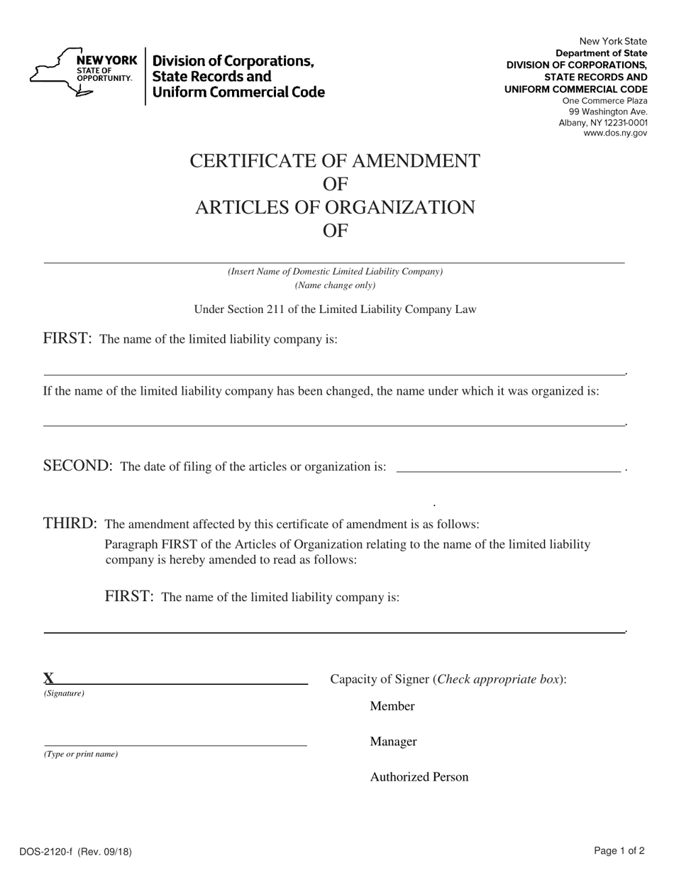 Form DOS-2120-F Certificate of Amendment of Articles of Organization (Name Change Only) - New York, Page 1