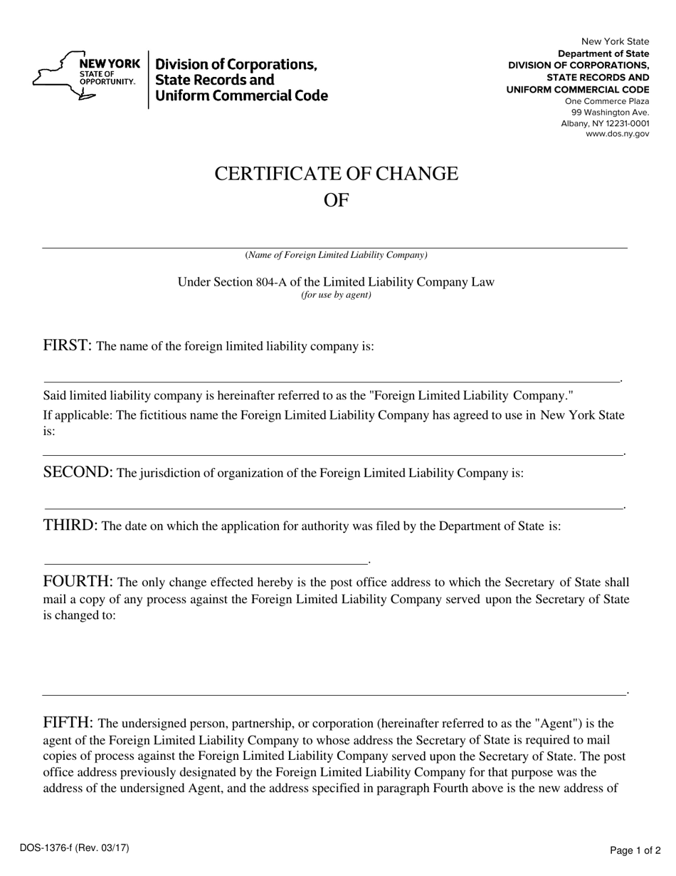 Form DOS-1376-F Certificate of Change - New York, Page 1