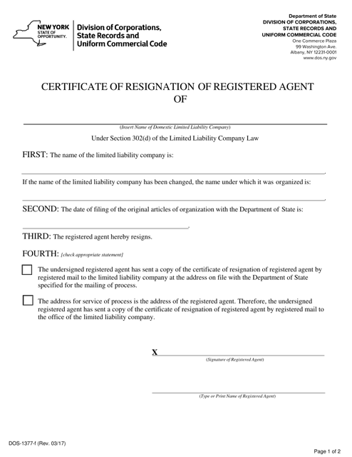 Form DOS-1377-F Certificate of Resignation of Registered Agent - New York