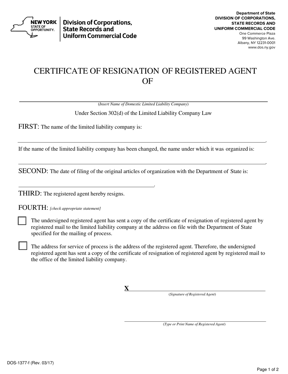 Form DOS-1377-F Certificate of Resignation of Registered Agent - New York, Page 1