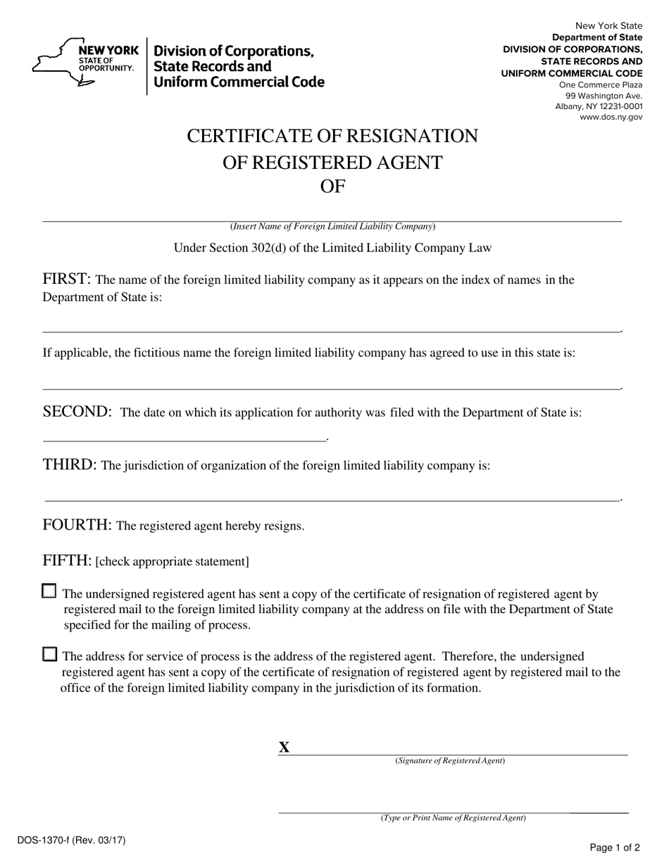 Form DOS-1370-F Foreign Limited Liability Company Certificate of Resignation of Registered Agent - New York, Page 1