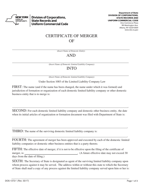 Form DOS-1372-F Certificate of Merger Form (Domestic Entity Into a Domestic Limited Liability Company) - New York