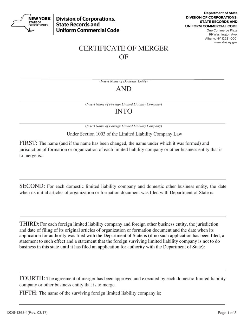 Form DOS-1368-F Certificate of Merger - New York, Page 1