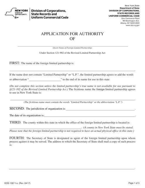 Form DOS-1387-F-A Application for Authority - New York