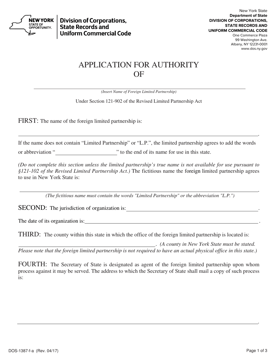 Form DOS-1387-F-A Application for Authority - New York, Page 1