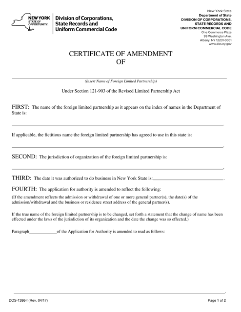 Form DOS-1386-F Foreign Limited Partnership Certificate of Amendment - New York