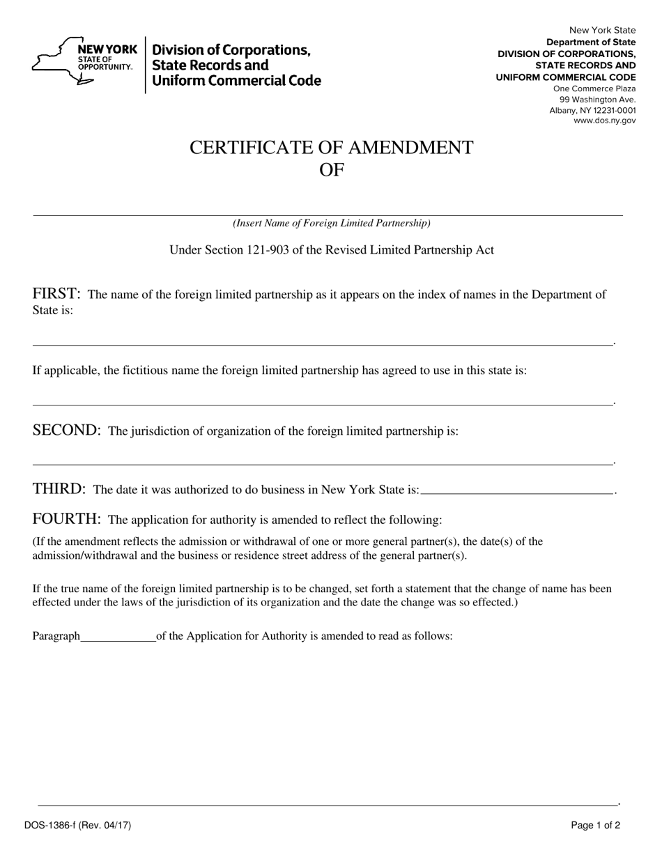 Form DOS-1386-F Foreign Limited Partnership Certificate of Amendment - New York, Page 1