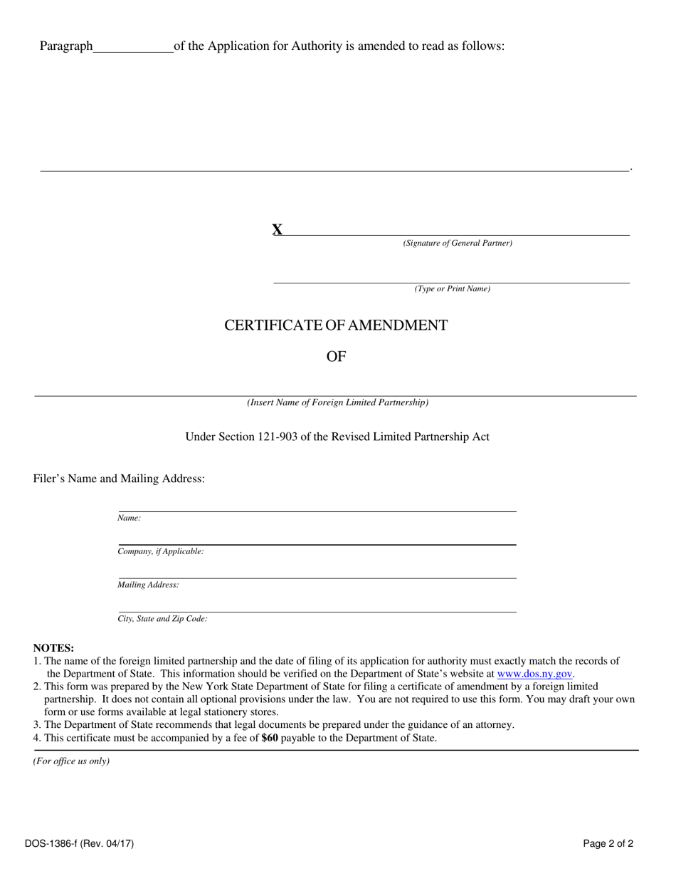 Form DOS-1386-F Foreign Limited Partnership Certificate of Amendment - New York, Page 2