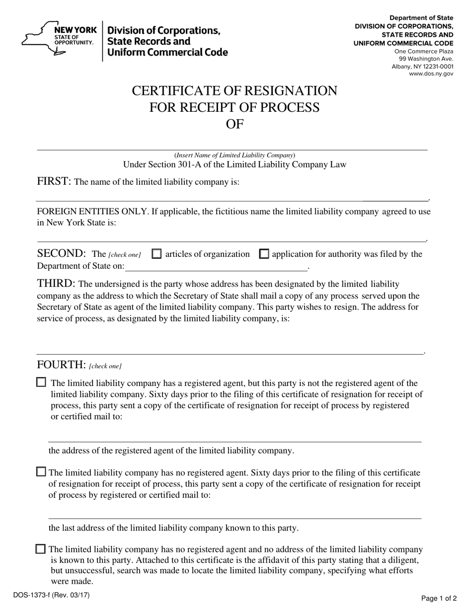 Form DOS-1373-F Certificate of Resignation for Receipt of Process - New York, Page 1