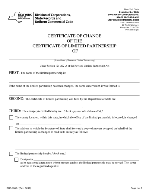 Form DOS-1388-F Certificate of Change of the Certificate of Limited Partnership - New York