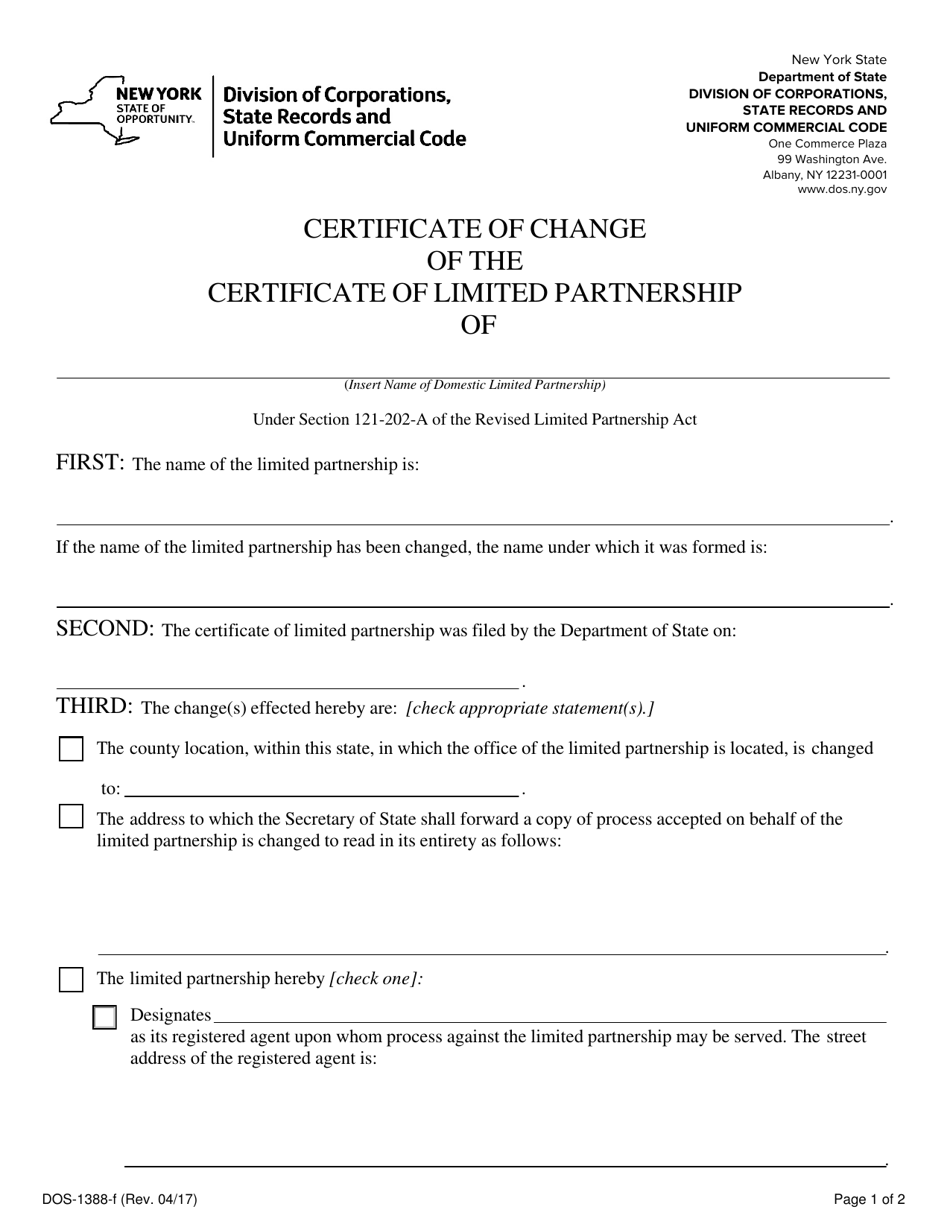 Form DOS-1388-F Certificate of Change of the Certificate of Limited Partnership - New York, Page 1