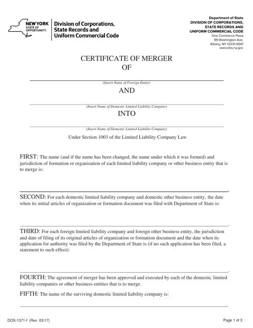 Form DOS-1371-F Certificate of Merger - New York