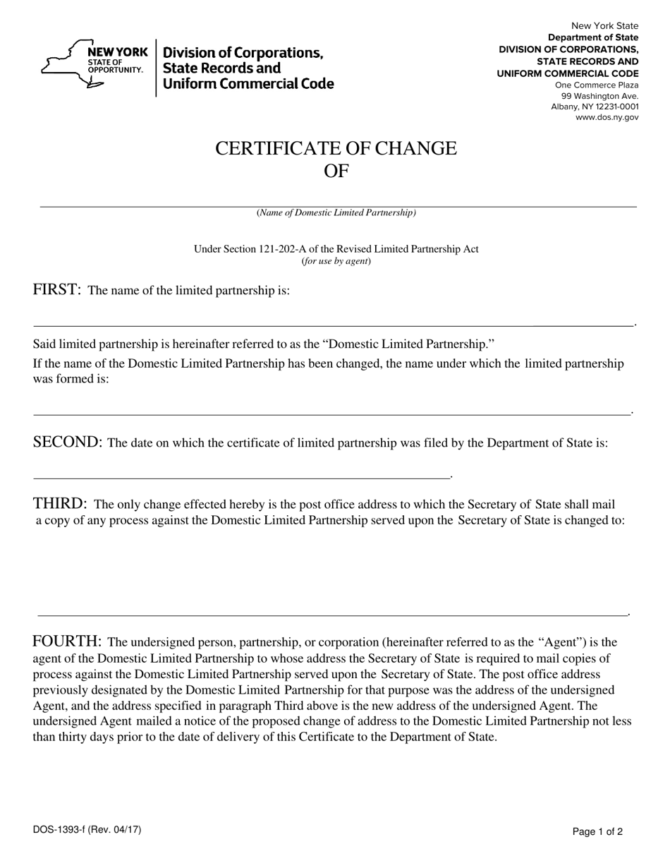 Form DOS-1393-F Certificate of Change - New York, Page 1