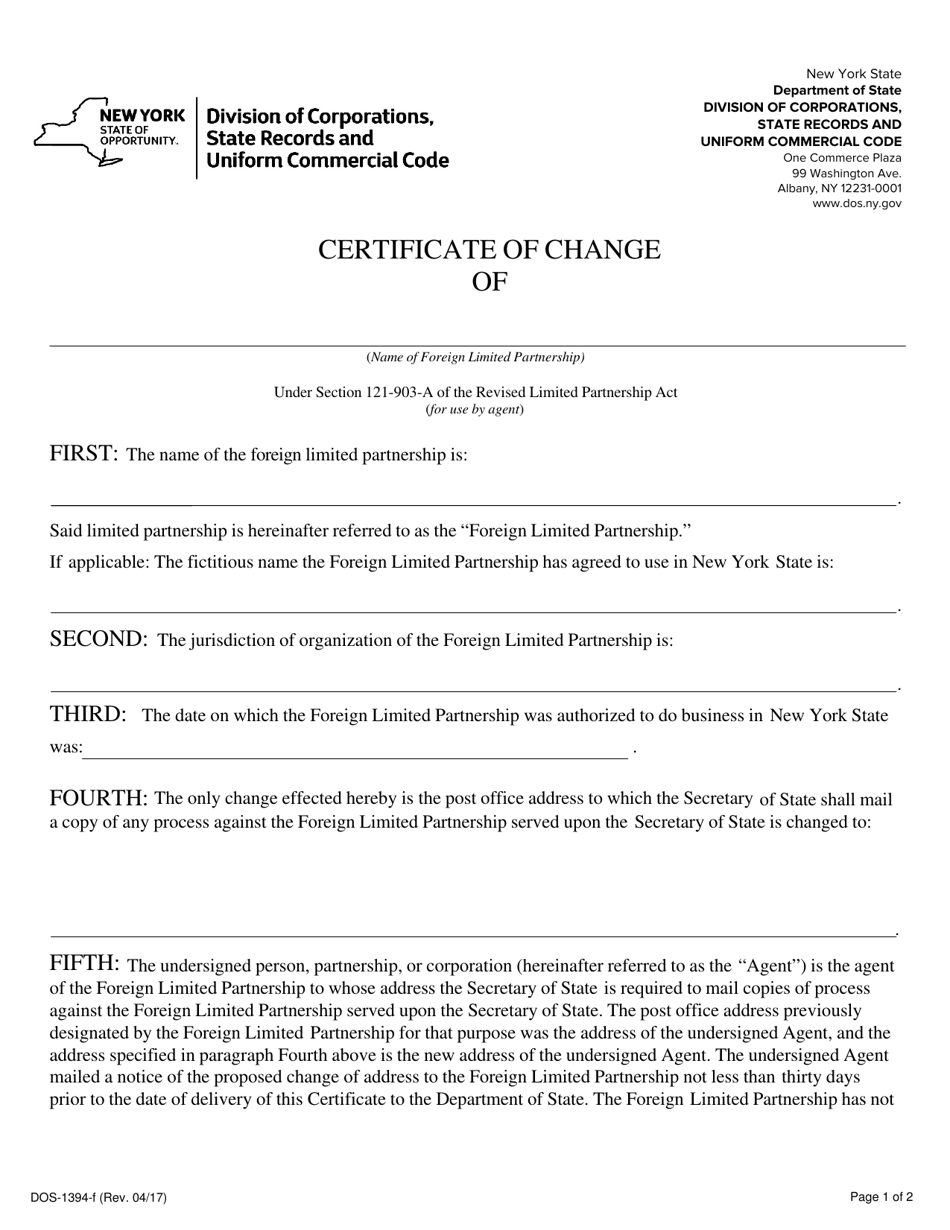 Form DOS-1394-F Foreign Limited Partnership Certificate of Change - New York, Page 1