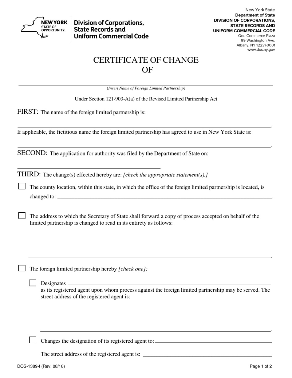 Form DOS1389F Fill Out, Sign Online and Download Fillable PDF, New