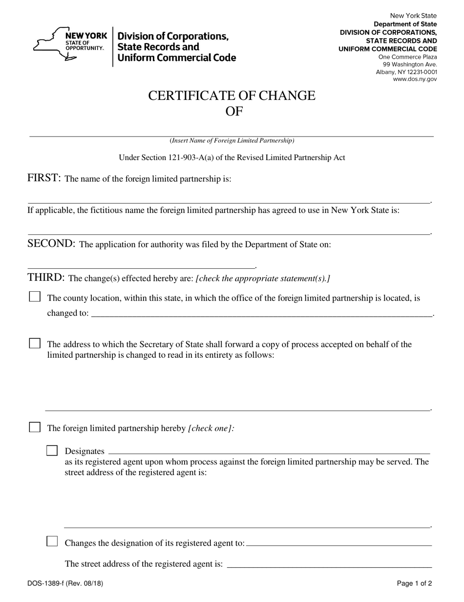 Form DOS-1389-F Certificate of Change - New York, Page 1