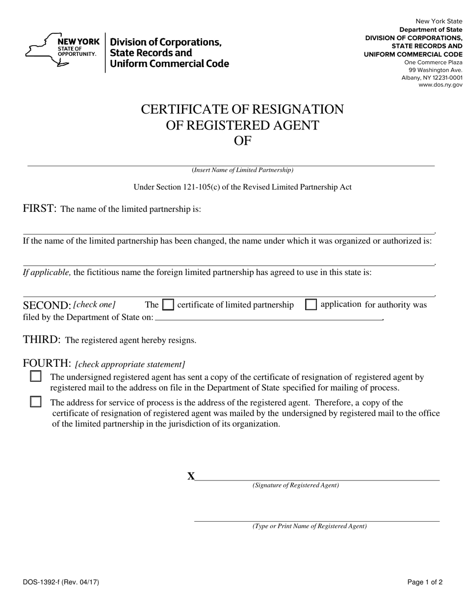Form DOS-1392-F Certificate of Resignation of Registered Agent - New York, Page 1