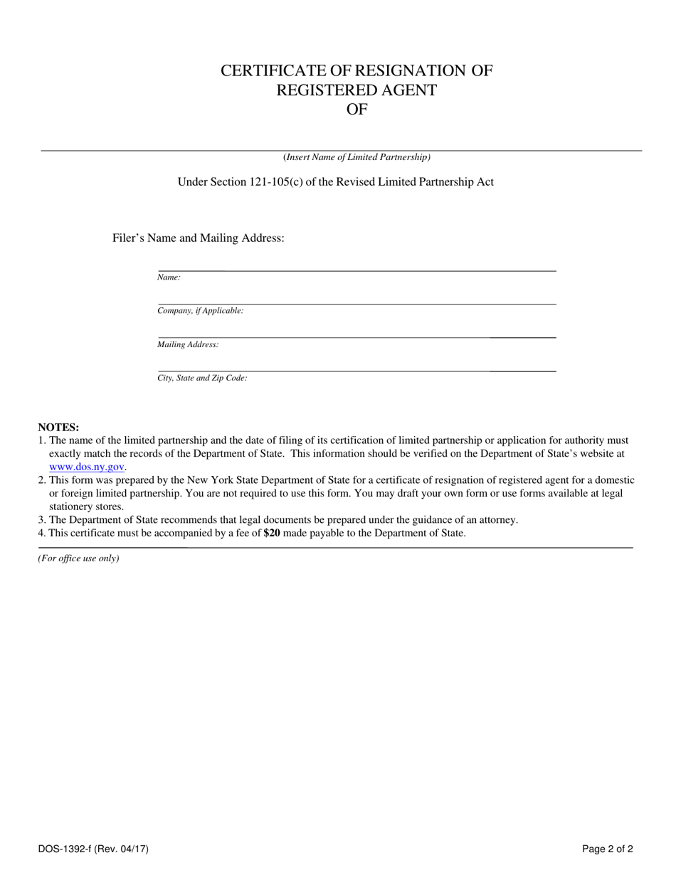 Form DOS-1392-F Certificate of Resignation of Registered Agent - New York, Page 2