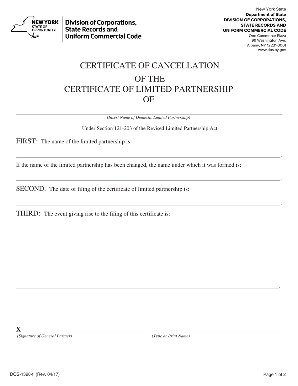 Form DOS-1390-F Certificate of Cancellation of the Certificate of Limited Partnership - New York, Page 1