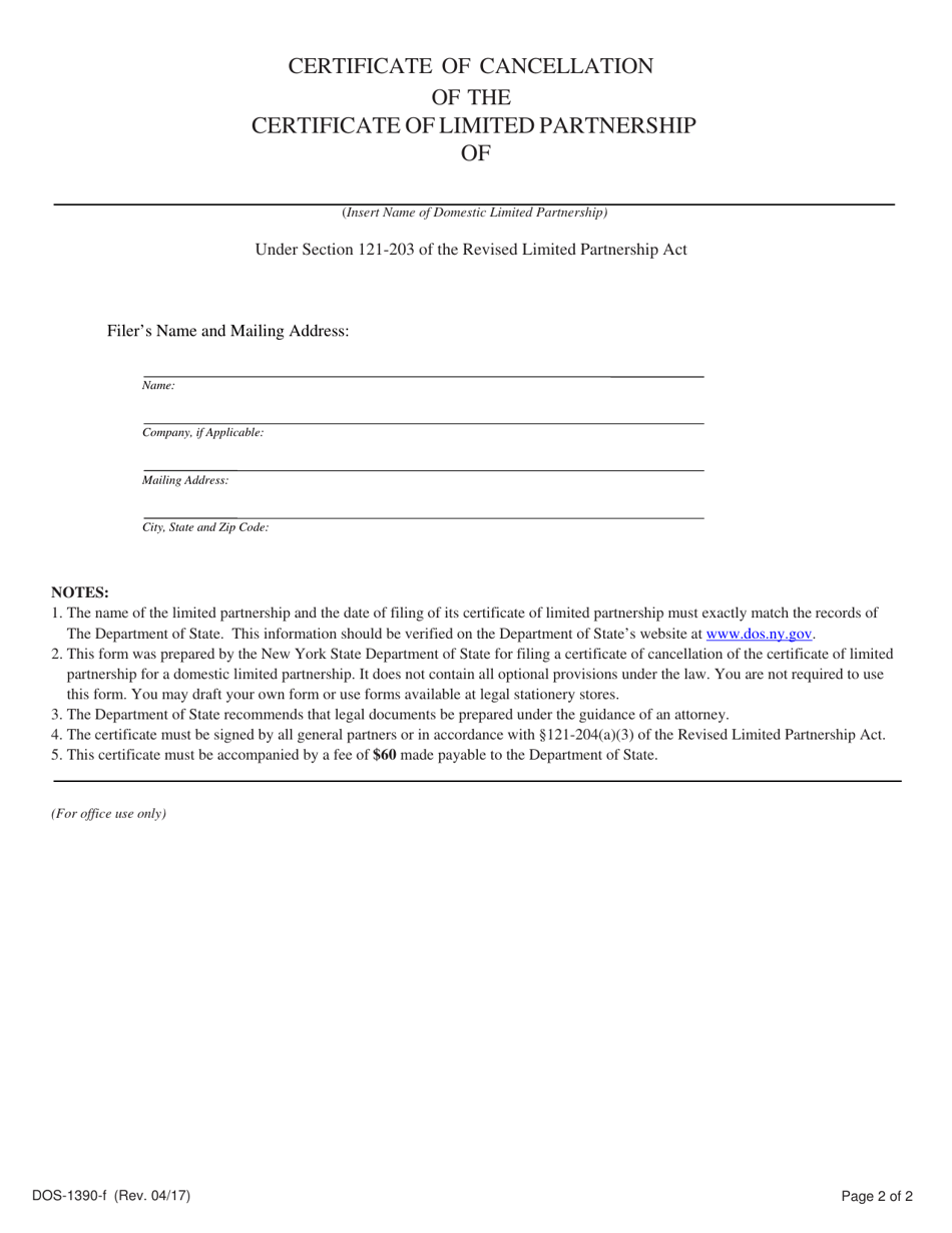 Form DOS-1390-F Certificate of Cancellation of the Certificate of Limited Partnership - New York, Page 2